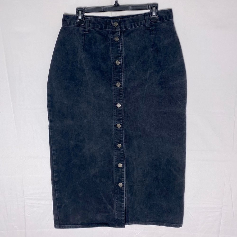 Vintage Leigh Morgan Washed Black Denim Button Front Midi Pencil Skirt L